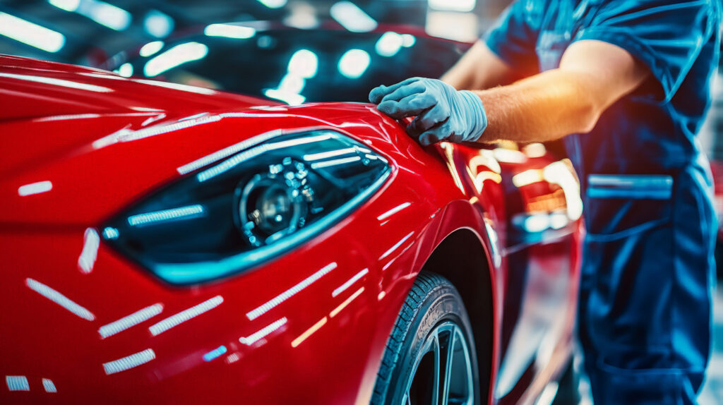 Technician performing paintless dent repair on a car door at a Miami body shop.